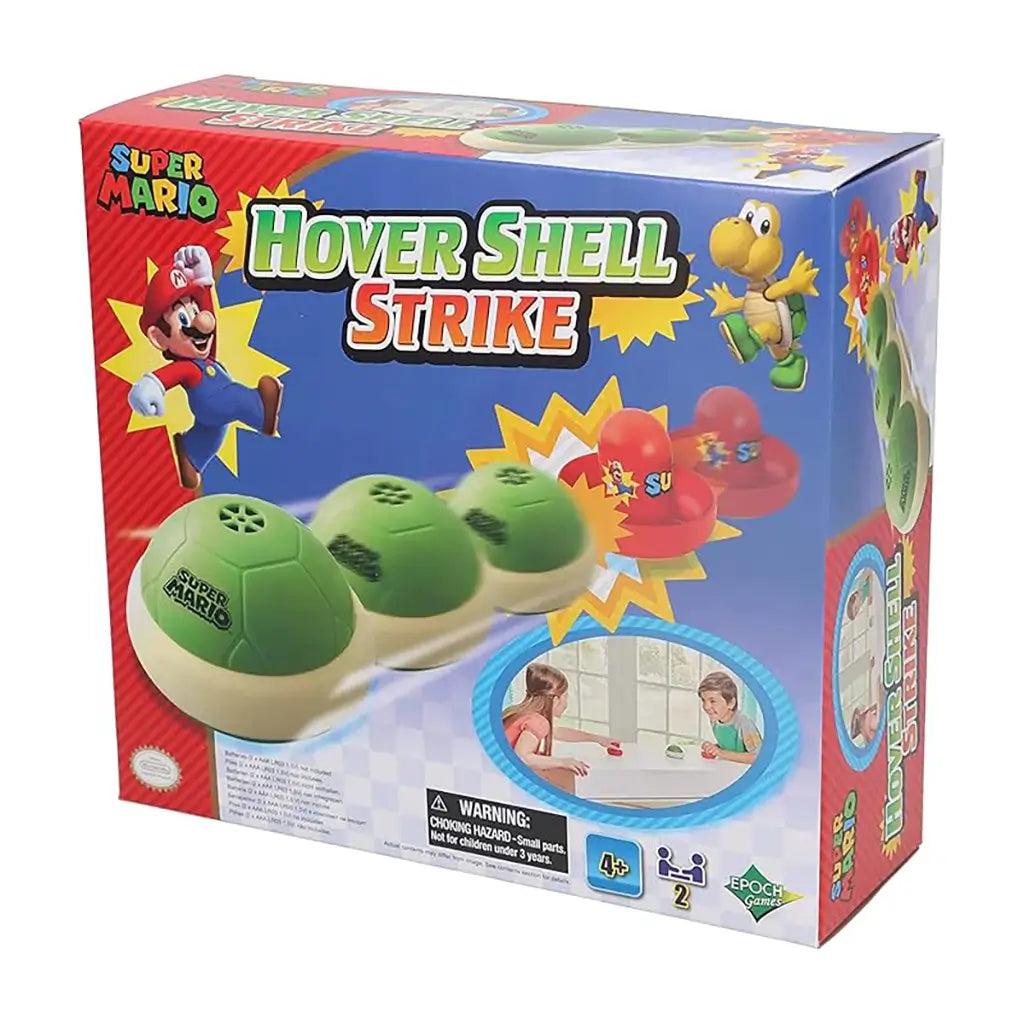 Colorful Super Mario Hover Shell Strike game box featuring Mario and Koopa graphics, showing green shell pucks, red strikers, and product details for ages four and up.