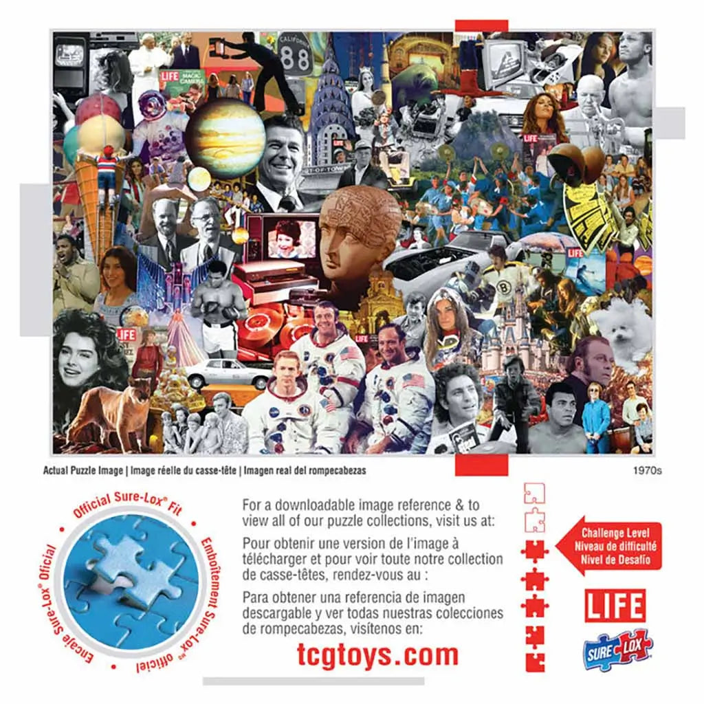 Sure-Lox LIFE Magazine 1000-piece puzzle box back showing a vibrant collage of 1970s pop culture images, including astronauts, classic cars, planets, and historic LIFE magazine covers.