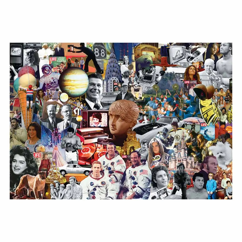 Completed Sure-Lox LIFE Magazine puzzle design showing a dense collage of black-and-white and color photographs from the 1970s, blending art, science, sports, and entertainment history.