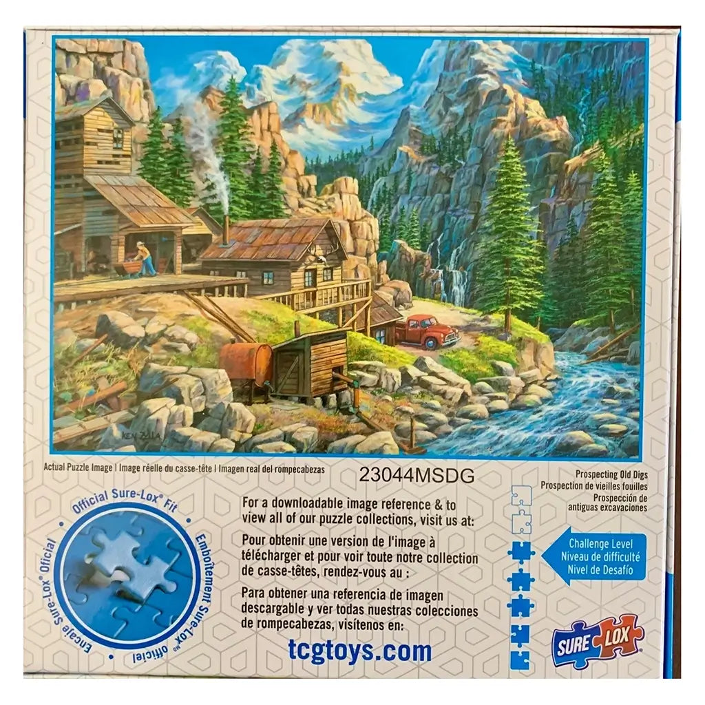 Sure-Lox 1000-piece jigsaw puzzle box showing 'Prospecting Old Digs' artwork, featuring a rustic wooden cabin, red truck, mountain stream, and pine forest under bright blue skies.