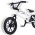 Tech Deck BMX finger bike close-up in white metal frame with black rubber tires and textured grips, detailed compact stunt design with pedals and chain, shown on a minimal white background.