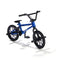 Tech Deck BMX finger bike in blue metal frame with black rubber tires, compact freestyle stunt bike form with pegs, pedals, and handlebars, displayed on a clean white background.