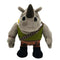Front-facing Rocksteady plush from Teenage Mutant Ninja Turtles, gray rhino with horn, tusks, green vest, brown camo pants, and black boots, with tough muscular design.
