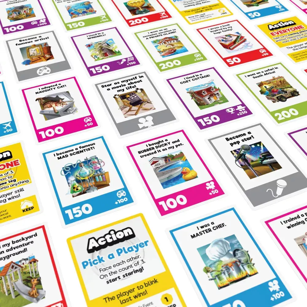 Assortment of vibrant jumbo cards from The Game of Life Giant Edition including action, career, pet, and vacation themes with fun illustrations and point values.