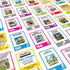 Assortment of vibrant jumbo cards from The Game of Life Giant Edition including action, career, pet, and vacation themes with fun illustrations and point values.