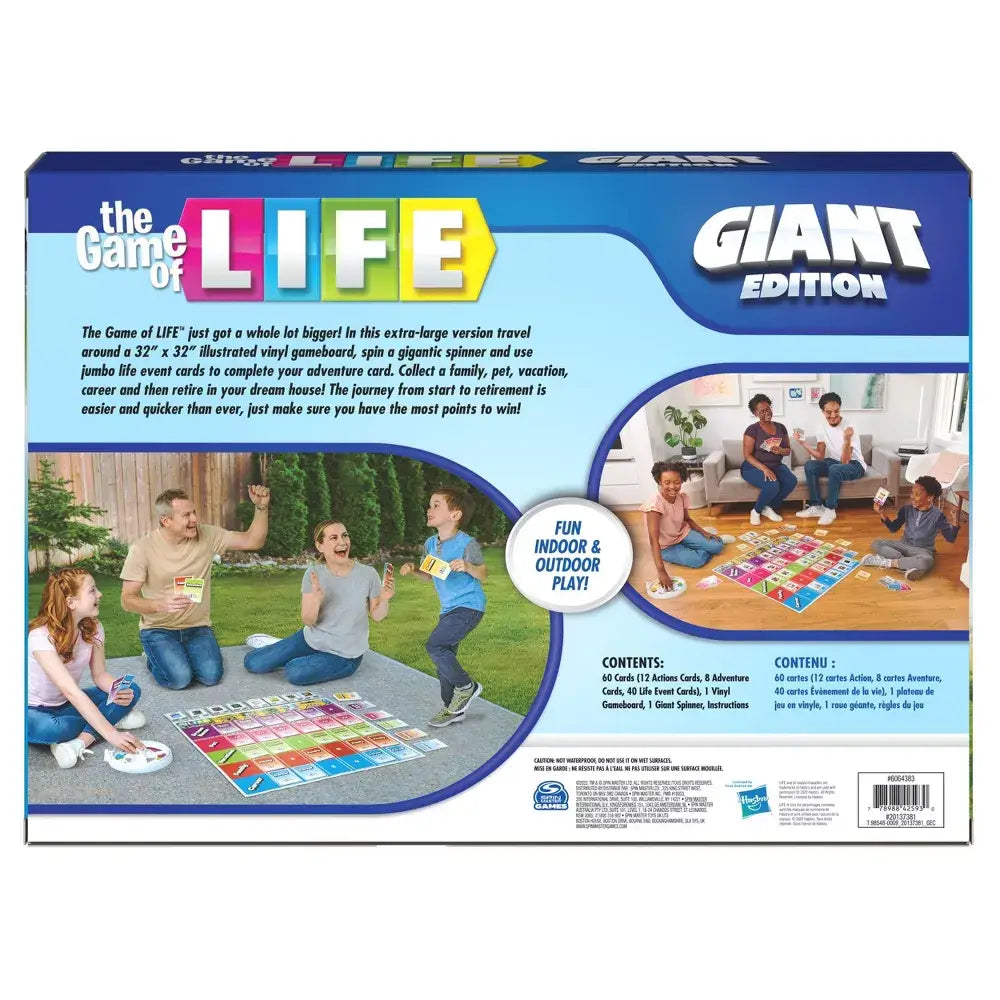 Back of The Game of Life Giant Edition box with description of contents, play area images, and highlights for indoor and outdoor use with jumbo-size game components.