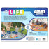 Back of The Game of Life Giant Edition box with description of contents, play area images, and highlights for indoor and outdoor use with jumbo-size game components.