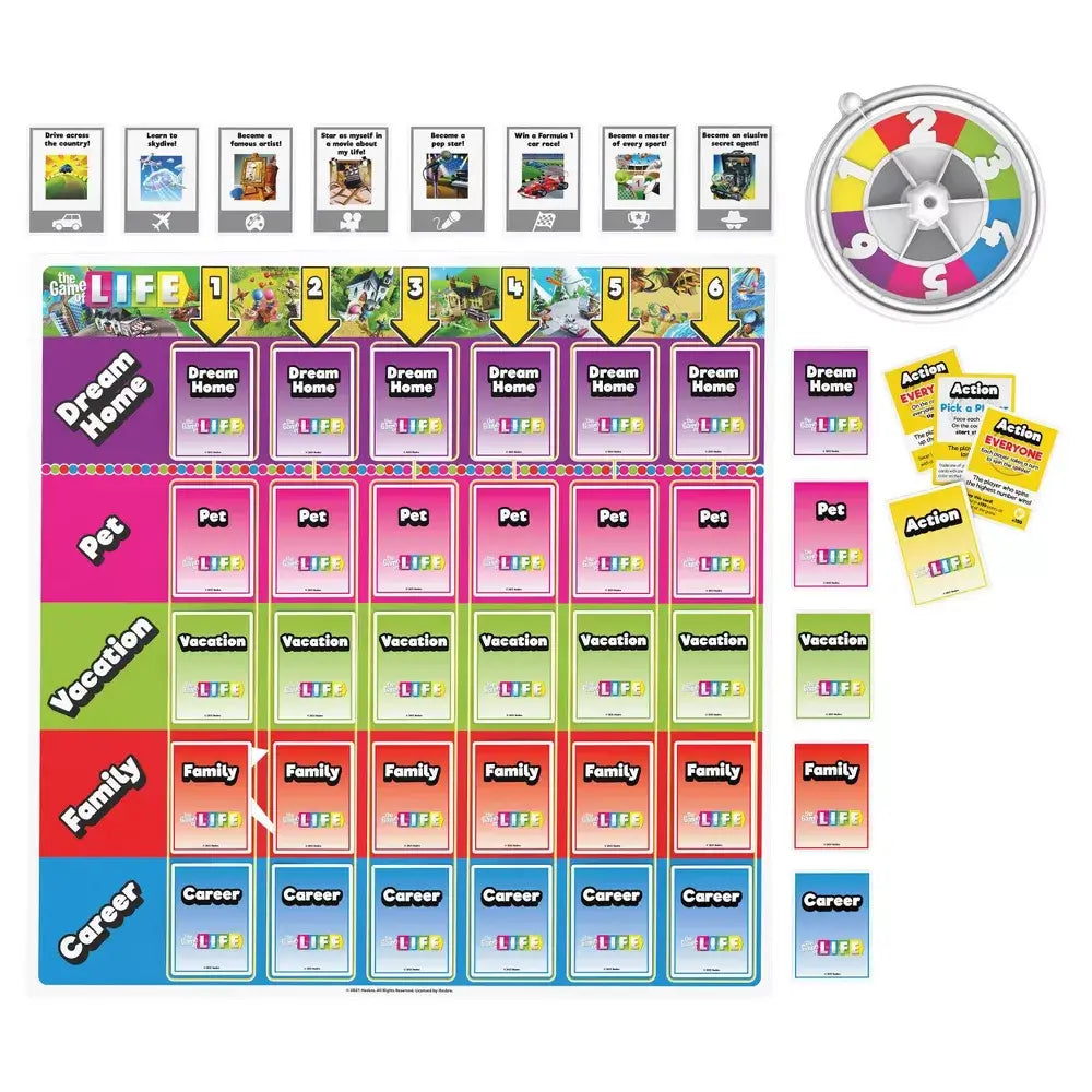 Top-down view of The Game of Life Giant Edition pieces, showing the full layout of categories, spinner, and large action cards in a colorful, organized format.