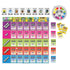 Top-down view of The Game of Life Giant Edition pieces, showing the full layout of categories, spinner, and large action cards in a colorful, organized format.
