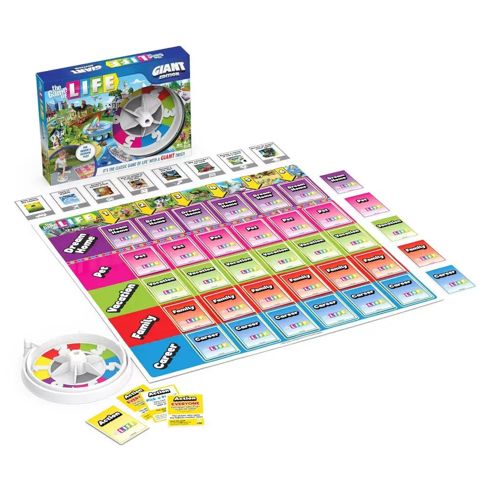 Complete setup of The Game of Life Giant Edition featuring an oversized vinyl gameboard, jumbo spinner, colorful cards, and action tiles for indoor or outdoor play.