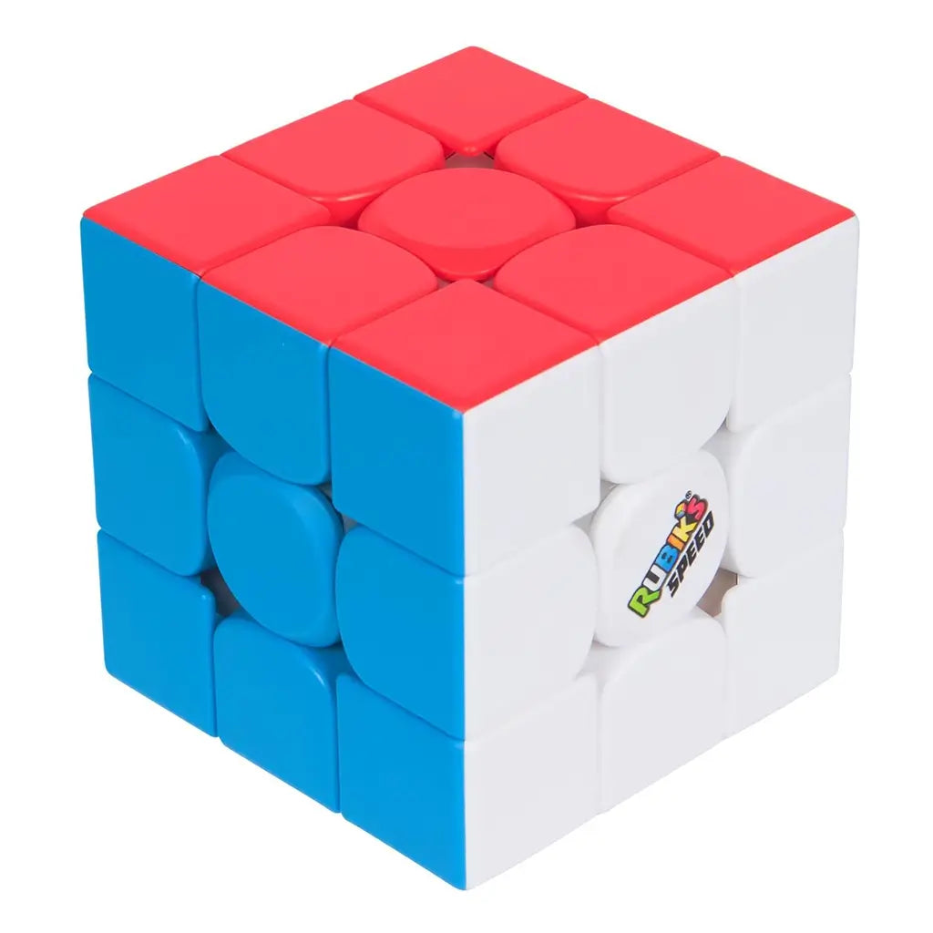 Rubik’s Speed Cube 3x3 puzzle in red, blue, and white plastic with smooth matte finish, neatly aligned cube form highlighting precision edges, displayed on a clean white studio background.