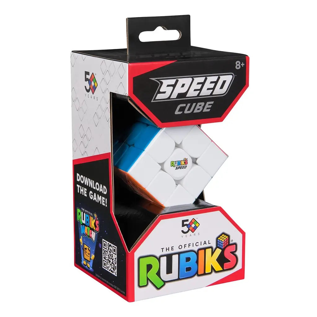 Rubik’s Speed Cube puzzle in black, red, and white cardboard packaging with clear display window, smooth plastic cube inside, compact square shape, retail box presented on a clean white background.