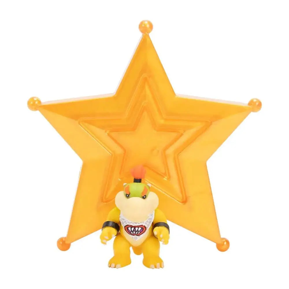 Super Mario Galaxy Bowser Jr figure in bright yellow plastic with green head and orange hair, compact rounded character form standing before translucent orange star base on a clean white background