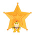Super Mario Galaxy Bowser Jr figure in bright yellow plastic with green head and orange hair, compact rounded character form standing before translucent orange star base on a clean white background