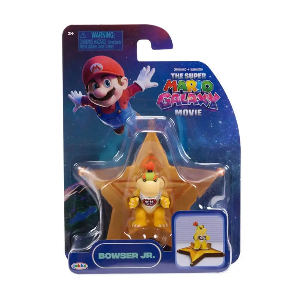 Super Mario Galaxy Bowser Jr action figure package in multicolor printed cardboard and clear plastic blister, star-shaped display form with Nintendo and Illumination branding on cosmic retail background