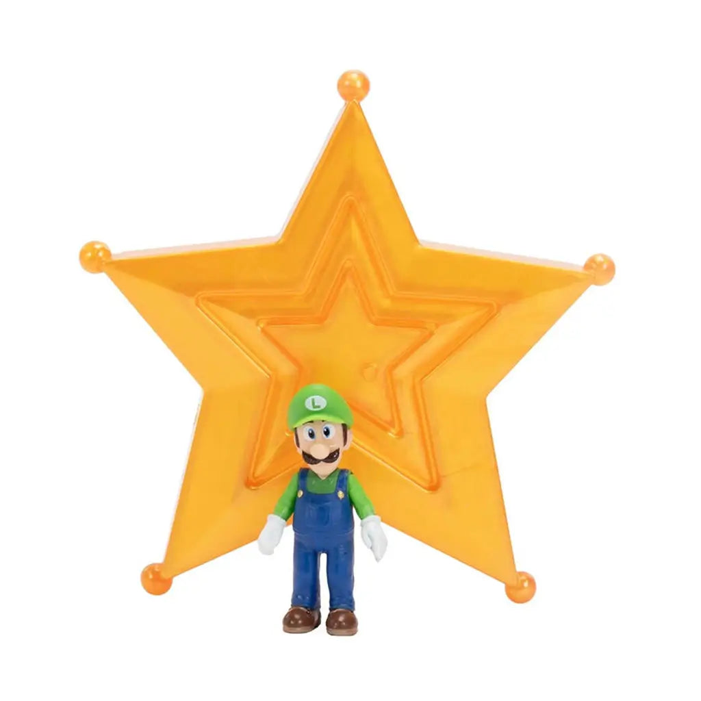Super Mario Galaxy Luigi figure in green and blue plastic with smooth texture, slim character form wearing cap and overalls, standing before translucent orange star backdrop on a clean white background