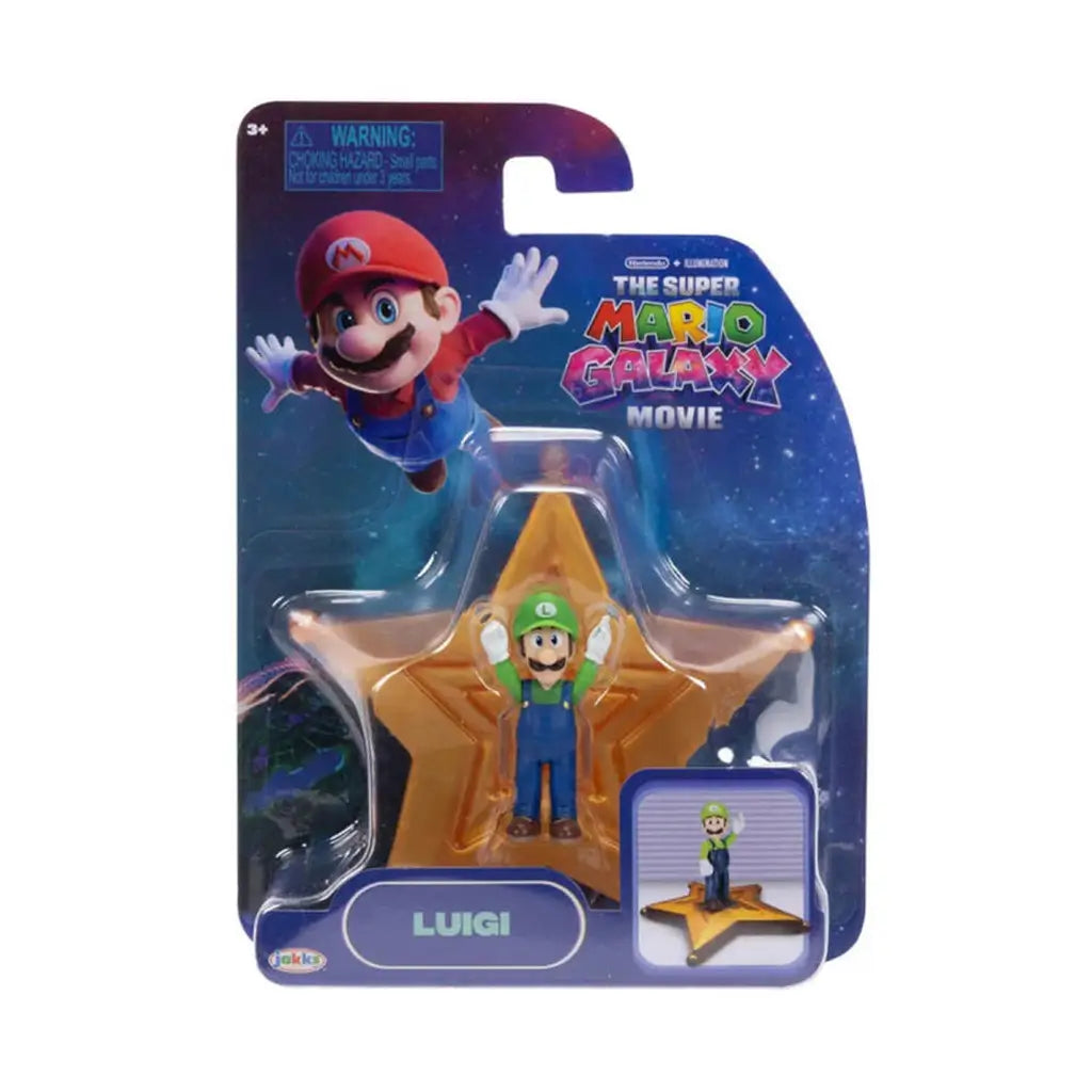 Super Mario Galaxy Luigi action figure package in multicolor printed cardboard and clear plastic blister, star-shaped display form with Nintendo branding on a cosmic themed retail background