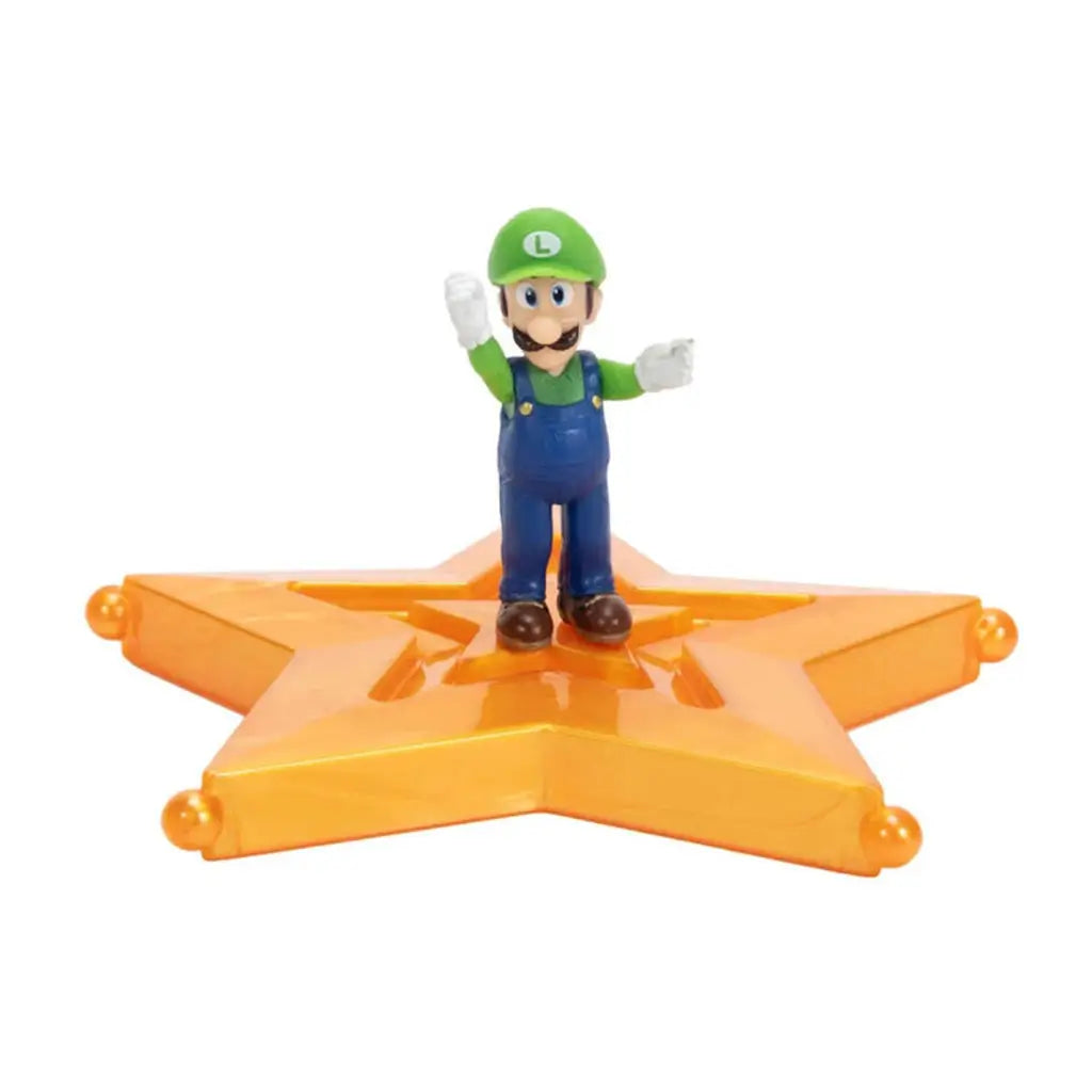 Super Mario Galaxy Luigi figure in green, blue, and white plastic with rounded form and raised arms pose, standing on translucent orange star platform for collectible display on a white backdrop