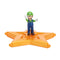 Super Mario Galaxy Luigi figure in green, blue, and white plastic with rounded form and raised arms pose, standing on translucent orange star platform for collectible display on a white backdrop