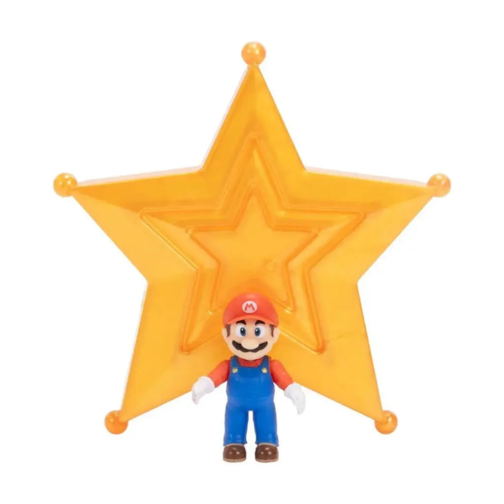 Super Mario Galaxy Mario figure in red, blue, and white plastic with smooth texture, compact character form with cap and mustache, standing before translucent orange star backdrop on a clean white background