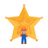Super Mario Galaxy Mario figure in red, blue, and white plastic with smooth texture, compact character form with cap and mustache, standing before translucent orange star backdrop on a clean white background