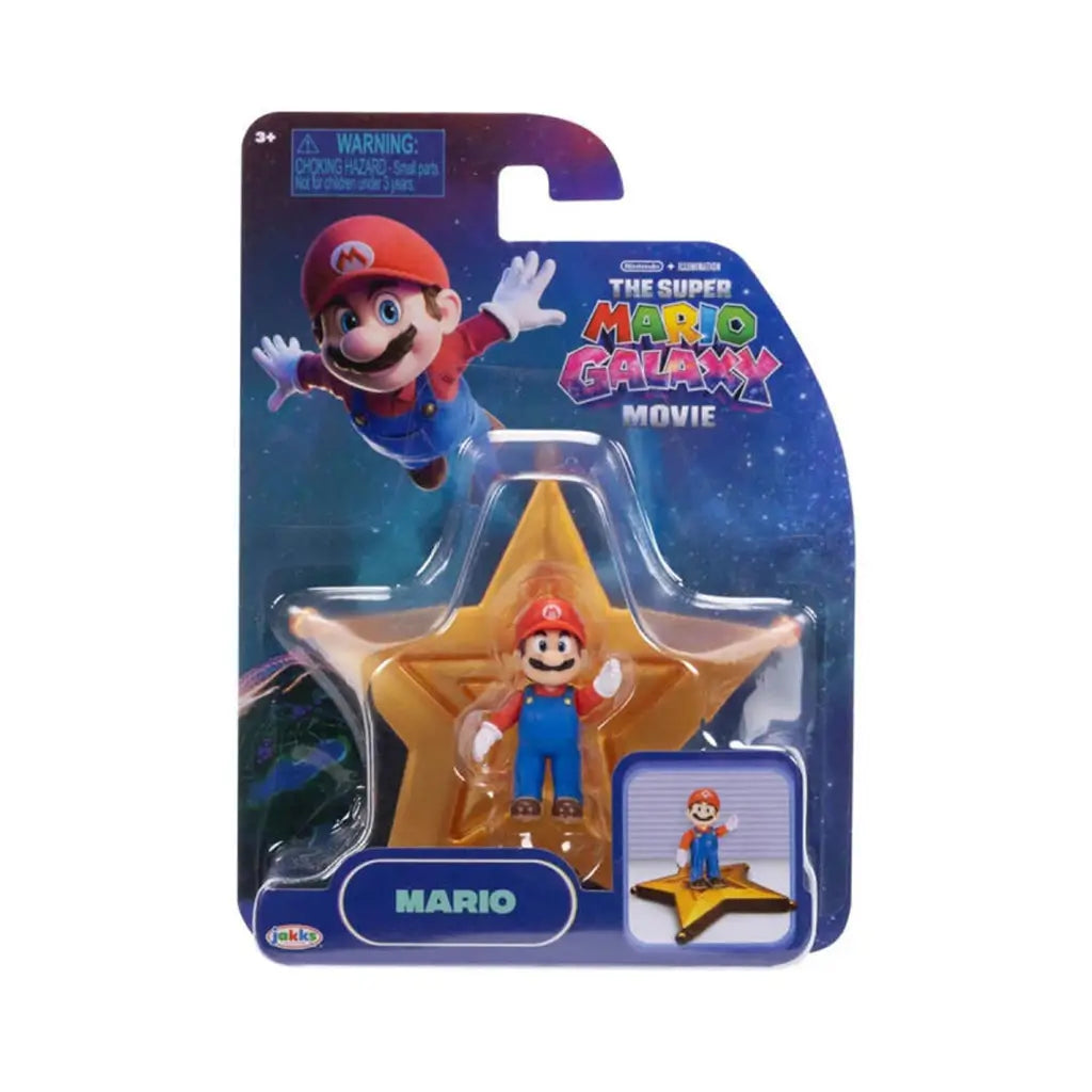 Super Mario Galaxy Mario action figure package in multicolor printed cardboard and clear plastic blister, star-shaped display form with Nintendo branding and cosmic space theme on retail background