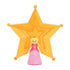 Super Mario Galaxy Princess Peach figure front view in pink and gold plastic with flowing dress and crown, upright elegant form positioned before translucent orange star backdrop on a plain white background