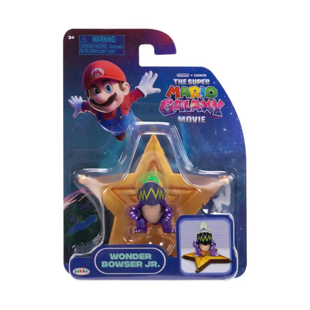 Super Mario Galaxy Wonder Bowser Jr action figure package in multicolor printed cardboard and clear plastic blister, star-shaped display form with Nintendo branding on a cosmic themed retail background