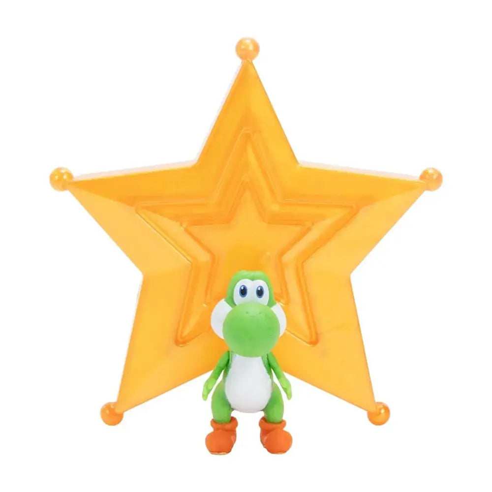 Super Mario Galaxy Yoshi figure in bright green plastic with smooth texture, rounded character form with white belly and orange shoes, standing before translucent yellow star base on a plain white background