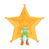 Super Mario Galaxy Yoshi figure in bright green plastic with smooth texture, rounded character form with white belly and orange shoes, standing before translucent yellow star base on a plain white background