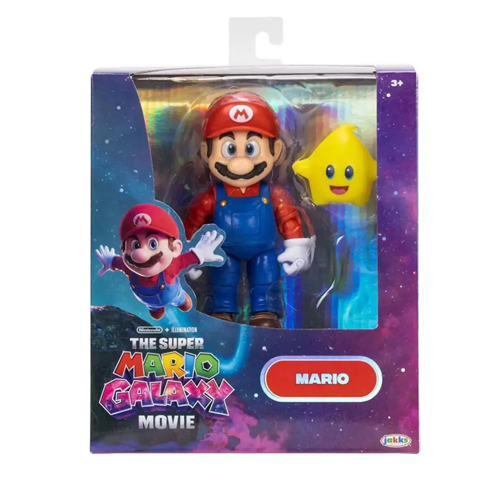 Super Mario Galaxy Movie Mario action figure packaging shows colorful box with glossy window, plastic figure inside with yellow star accessory, cosmic themed background and branded Nintendo Jakks design.