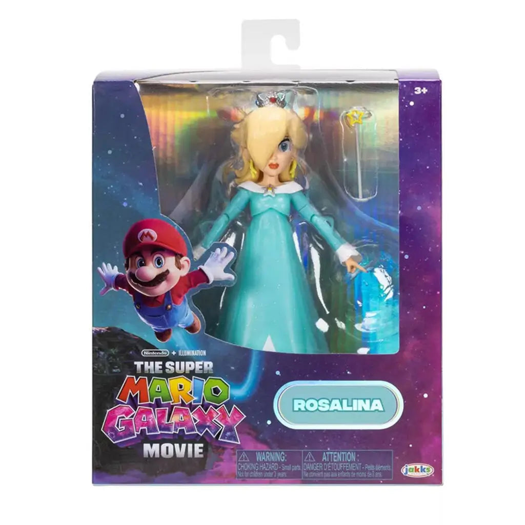 Super Mario Galaxy Rosalina action figure in teal plastic gown with white trim, tall slender princess form holding star wand, displayed in glossy window box with cosmic background and Nintendo branding.