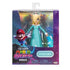 Super Mario Galaxy Rosalina action figure in teal plastic gown with white trim, tall slender princess form holding star wand, displayed in glossy window box with cosmic background and Nintendo branding.