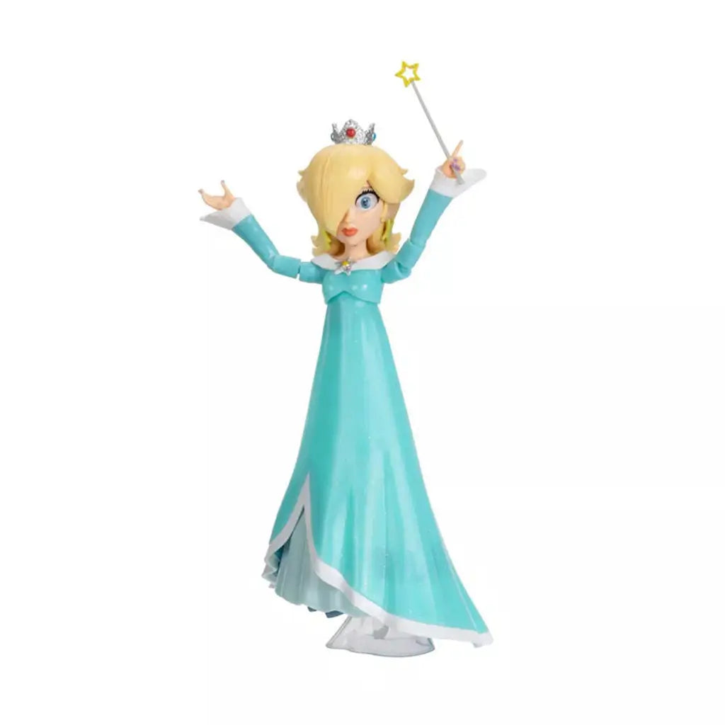 Poseable Rosalina action figure Super Mario Galaxy in teal glossy plastic gown with white trim, tall princess figure with crown and star wand, arms raised in dynamic pose against clean studio background.
