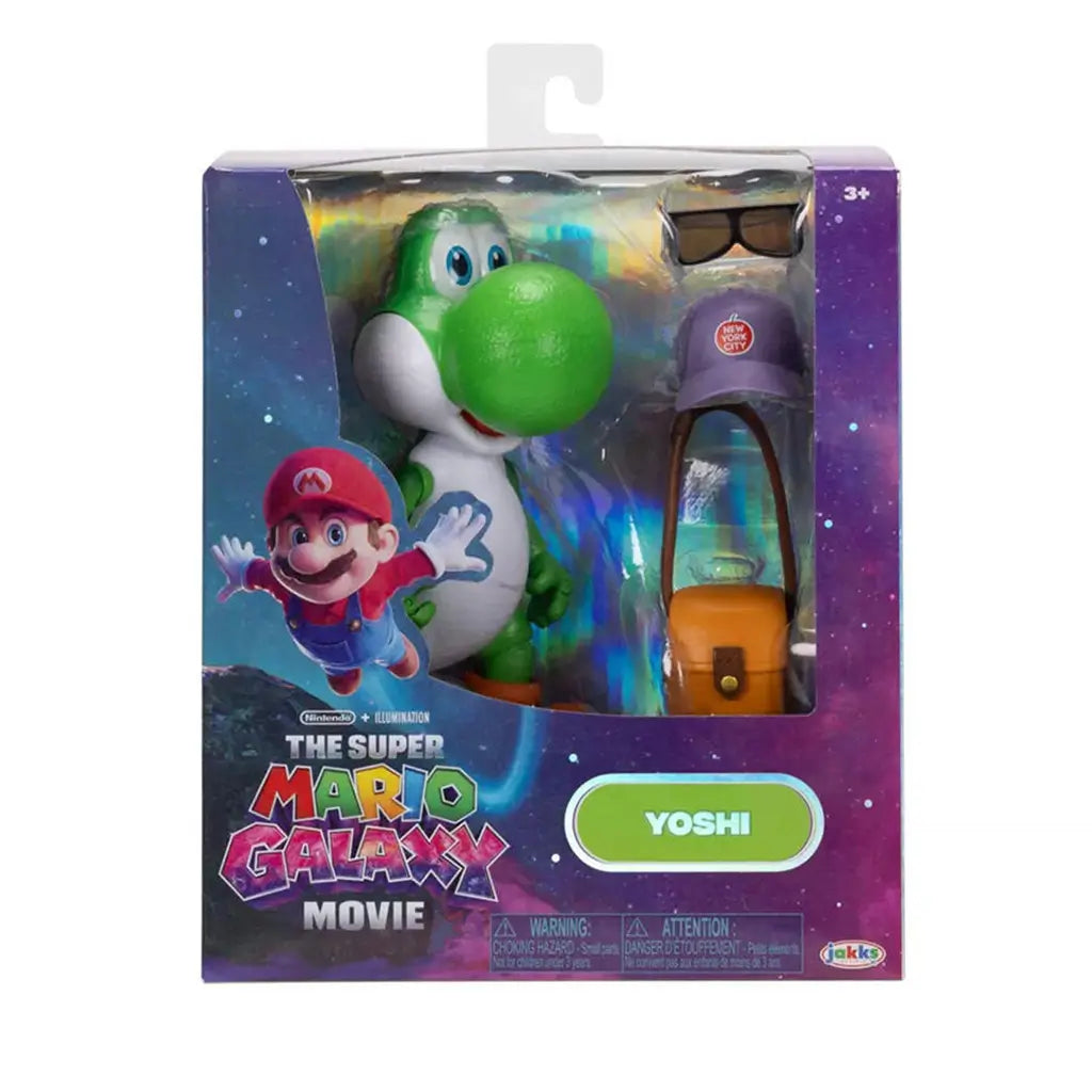 Super Mario Galaxy Yoshi action figure package in multicolor printed cardboard and clear plastic window box, rectangular display form with Nintendo branding on a cosmic themed retail background