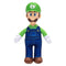 Luigi plush action figure toy displays green hat, blue overalls, soft fabric texture, simple rounded character form with mustache, standing upright against clean white background for product display.