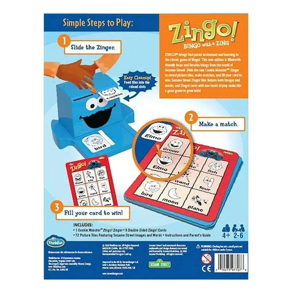Alternate back of ThinkFun Sesame Street Zingo box featuring identical step-by-step instructions, highlighting the Cookie Monster Zinger, sample cards, and tiles with words and images.