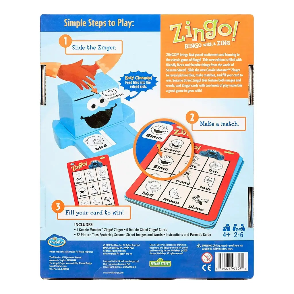 Back of ThinkFun Sesame Street Zingo package showing illustrated instructions for play, including sliding the Zinger, making a match, and filling a card to win with sample tiles.