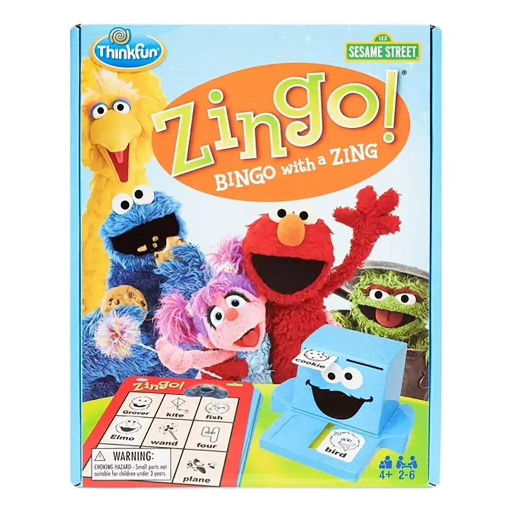 Front of ThinkFun Sesame Street Zingo Bingo with a Zing game box featuring Elmo, Cookie Monster, Big Bird, Oscar, and Abby, with bright colors and cheerful Sesame Street artwork.
