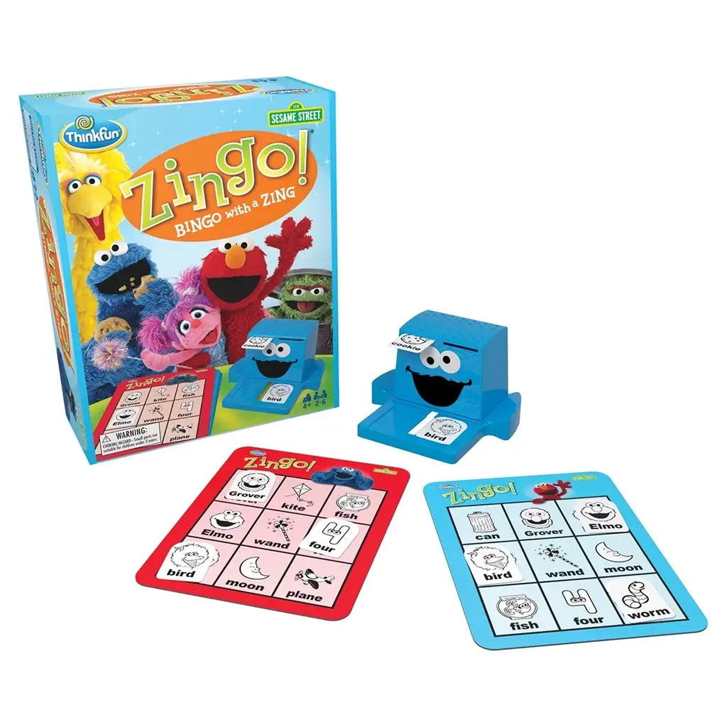 ThinkFun Sesame Street Zingo Bingo set displayed with game box, Cookie Monster Zinger tile dispenser, and two bingo cards featuring character images and words for learning play.