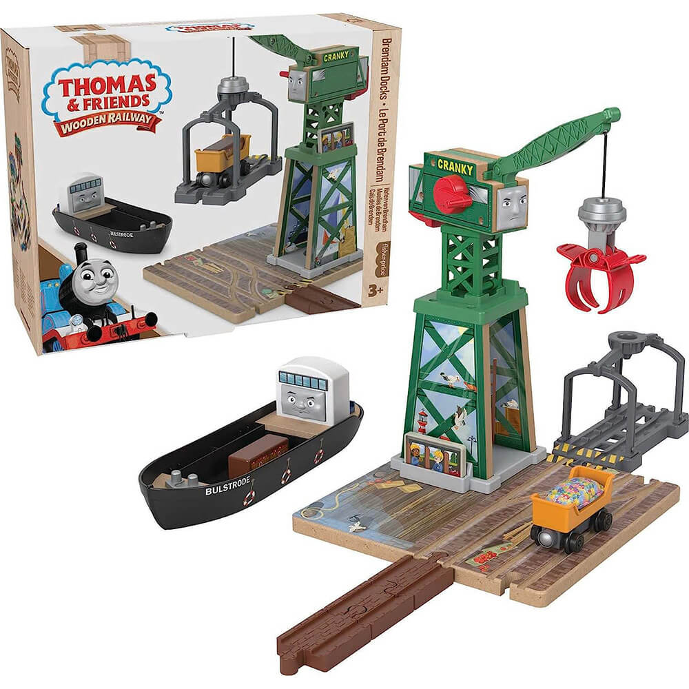Fisher-Price Thomas & Friends Wooden Railway Brendam Docks Train Set and package