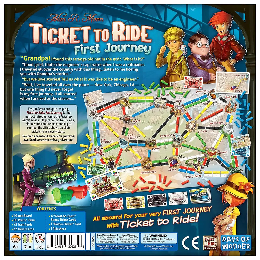 Ticket to Ride First Journey package back features a blue illustrated panel with North America game board, colorful train pieces, cards, characters, contents, and rules.