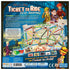 Ticket to Ride First Journey package back features a blue illustrated panel with North America game board, colorful train pieces, cards, characters, contents, and rules.