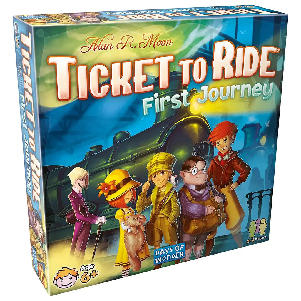 Ticket to Ride First Journey game box features blue and green illustrated cardboard packaging with five young travelers, a black steam train, and Days of Wonder branding.