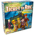 Ticket to Ride First Journey game box features blue and green illustrated cardboard packaging with five young travelers, a black steam train, and Days of Wonder branding.