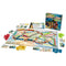Ticket to Ride First Journey board game features a colorful North America map with red, blue, green, yellow, and black plastic trains, cards, rules, and box on white.