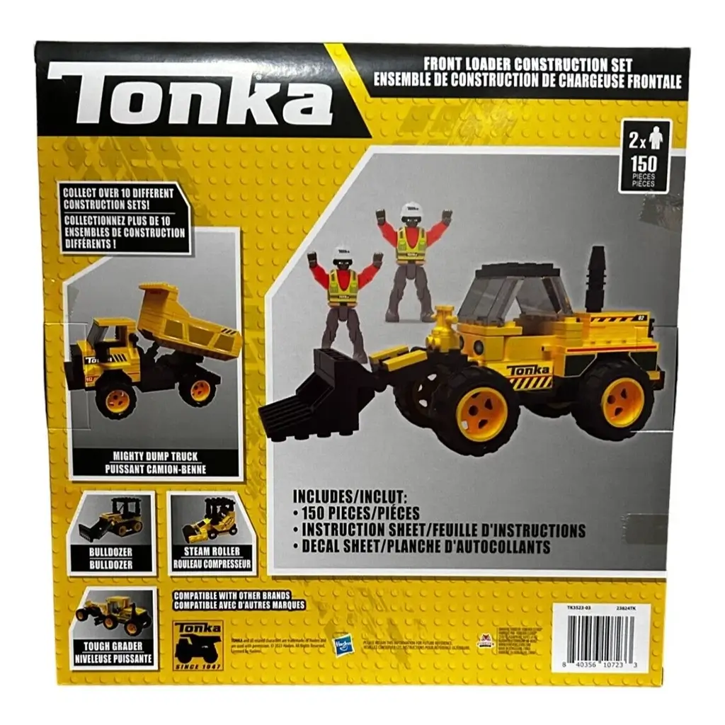 Tonka Front Loader Construction Set box back showing yellow front loader toy with black scoop, two construction worker figures, 150 pieces, and images of other Tonka vehicle sets on a yellow background.