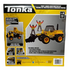 Tonka Front Loader Construction Set box back showing yellow front loader toy with black scoop, two construction worker figures, 150 pieces, and images of other Tonka vehicle sets on a yellow background.