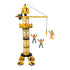 Tonka yellow construction crane toy with a tall lattice tower, working hook and cable, sturdy black-and-yellow base, and three construction worker figures in helmets and orange safety gear.