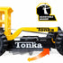 Close-up of Tonka grader’s adjustable black front blade with orange arrow graphic showing movement, highlighting its interactive play function.